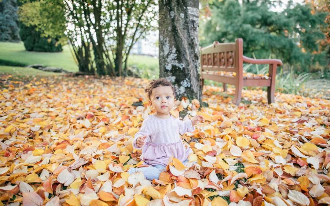 Playing in autumn leaves