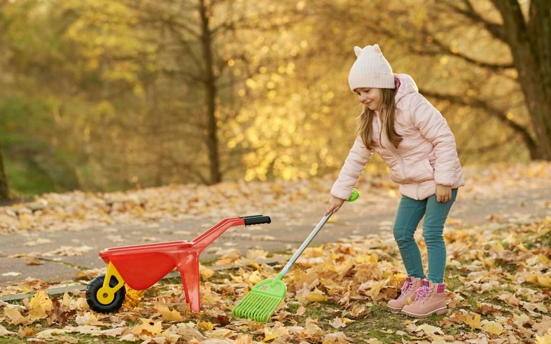 child raking autumn leaves