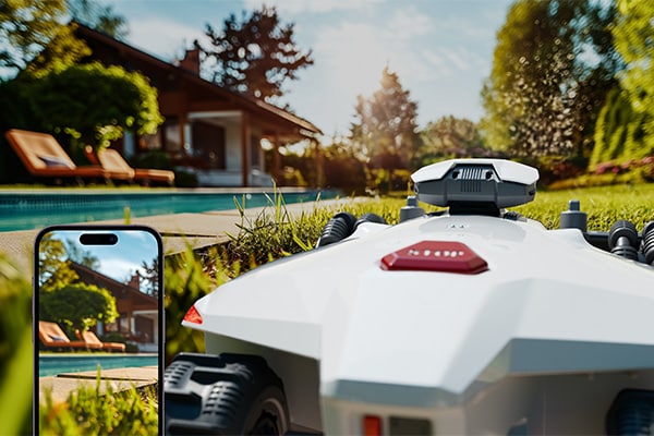 LUBA 2 robotic mower with Smart Yard Security feature, showing real-time yard monitoring on the Mammotion APP for enhanced peace of mind and yard management.