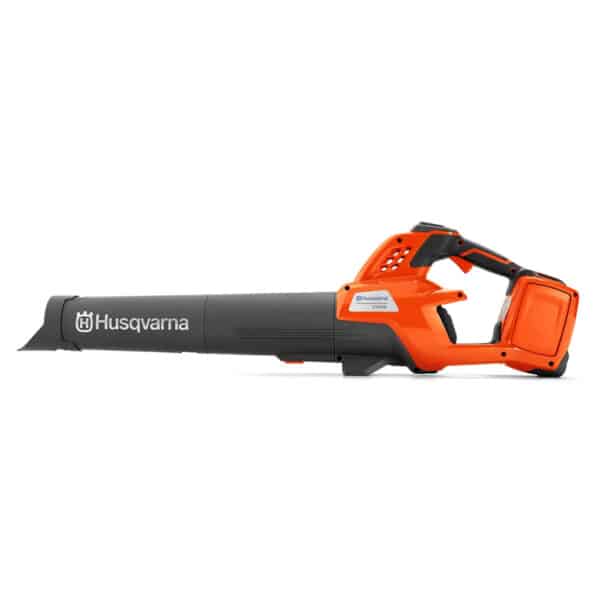 Side view of the Powerful HUSQVARNA 230iB battery-powered leaf blower for efficient garden cleaning, available at Autmow.