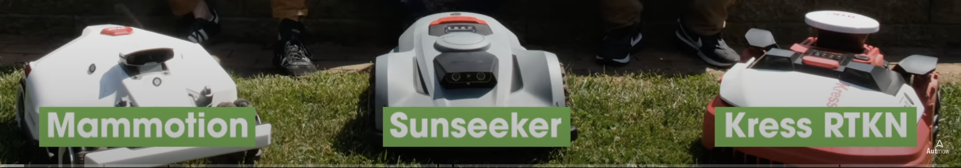 A picture featuring the Orion Sunseeker X7, Mammotion Luba 2, and Kress RTKn. These three models are featured in a robotic mower comparison video and blog.